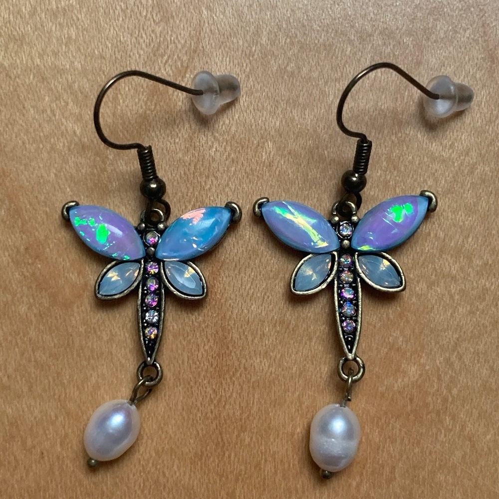 Handmade Dragonfly Earrings Insect Wings Brass Blue Rhinestones White Pearl New